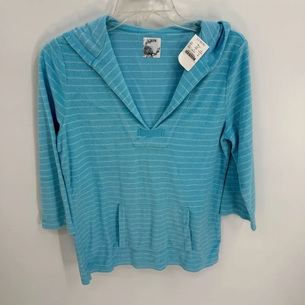 J.CREW NWT Top Womens Size M Terry Striped Hoodie 3/4 Sleeve Pullover blue